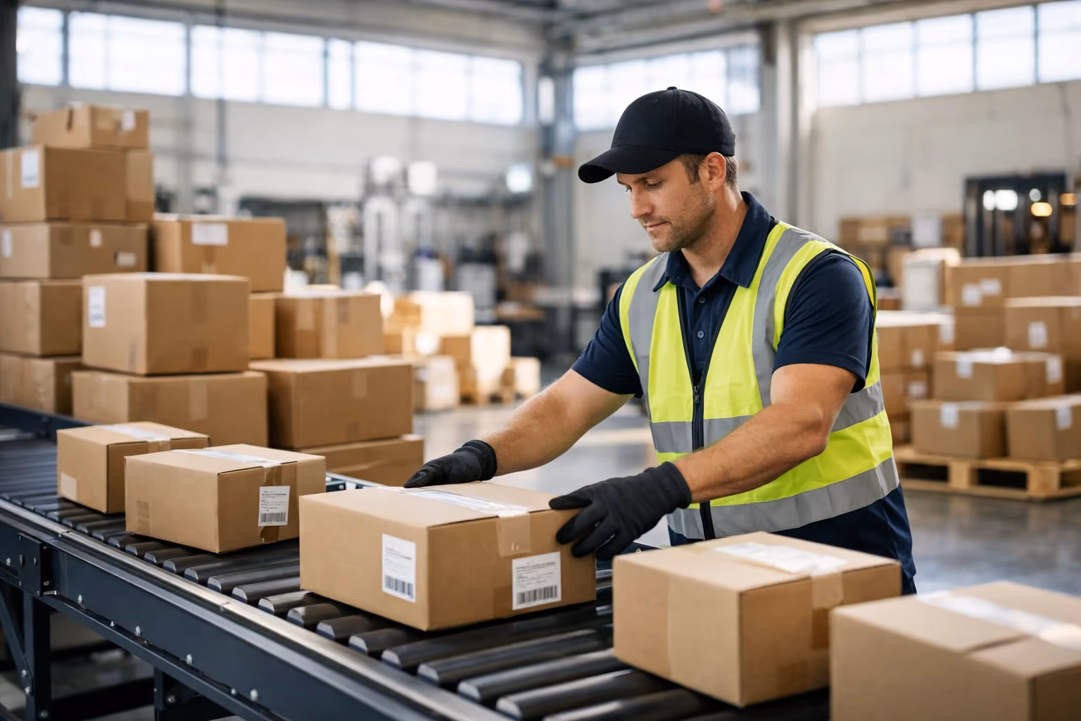 Warehouse worker sorting packages with shipping labels on conveyor belt amid boxes.