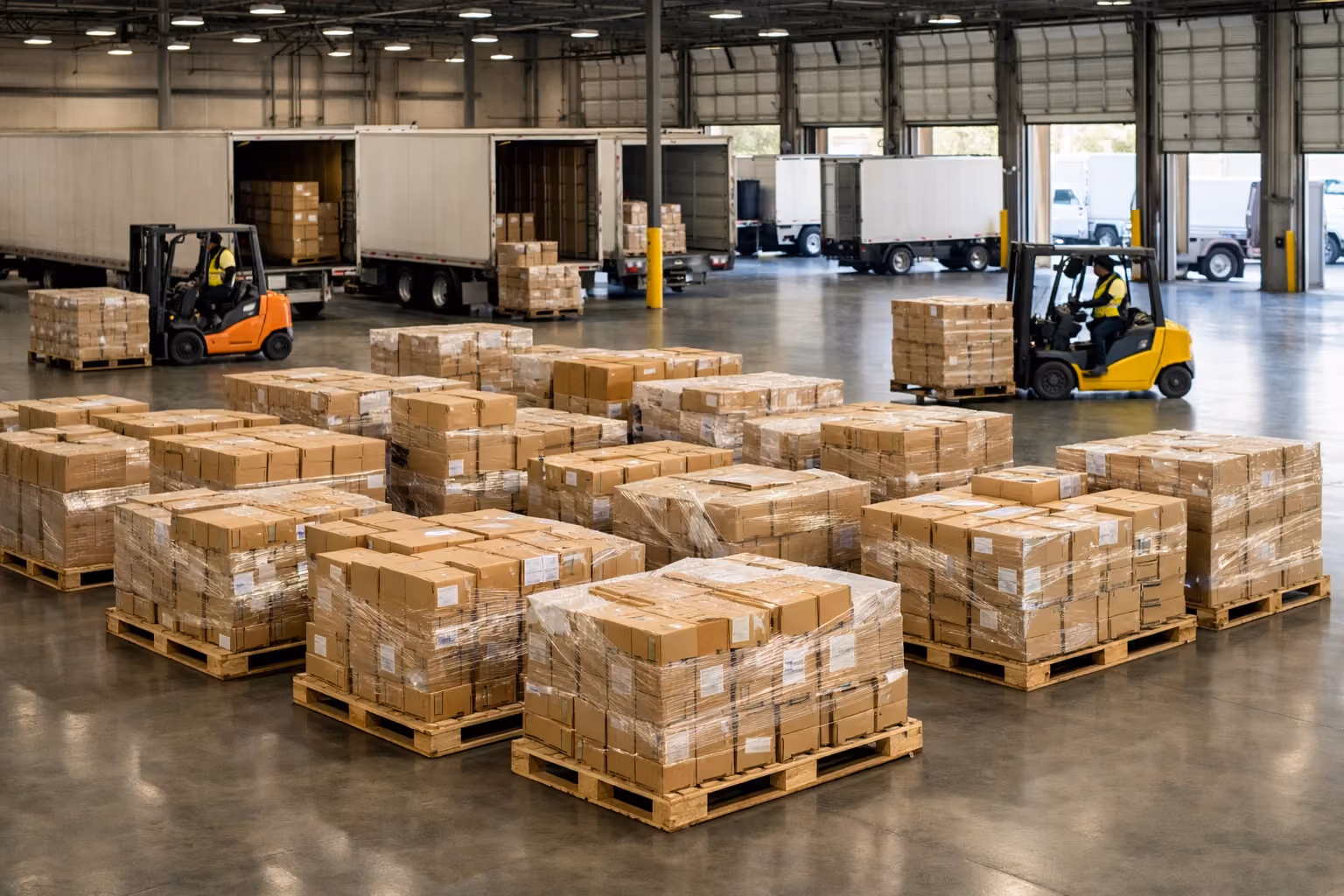 warehouse with packed parcels on pallets ready for FedEx shipping and workers operating forklifts