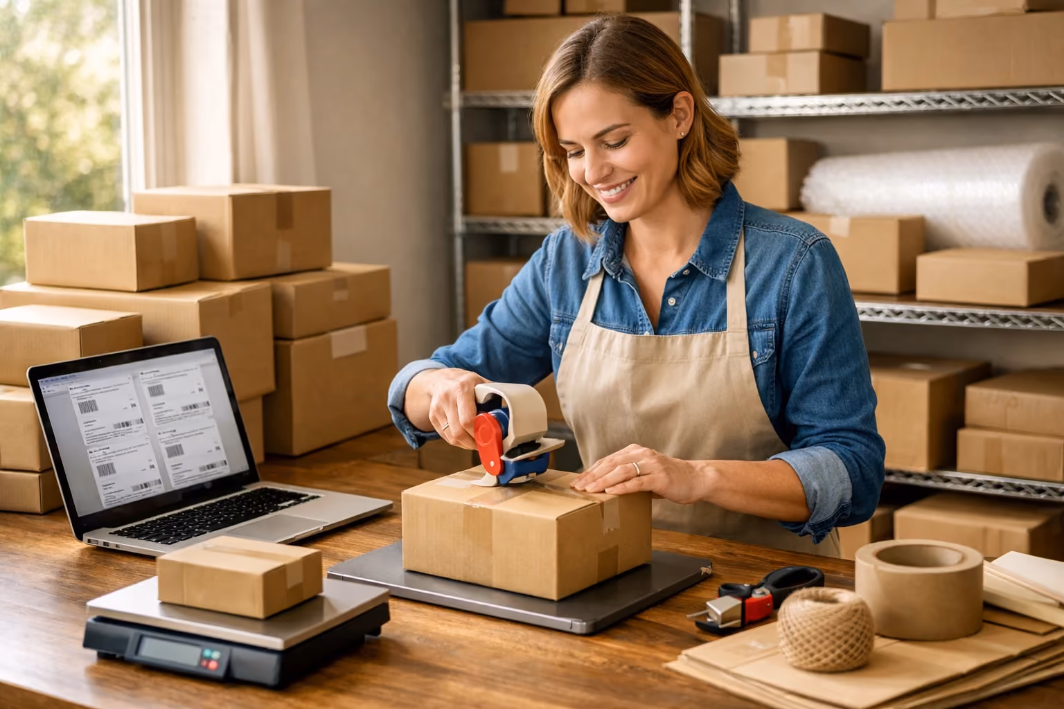 Small business owner packaging and preparing shipments in a home office setting.
