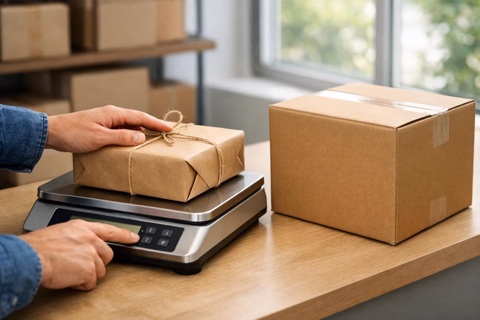 Hands weighing a parcel on a digital shipping scale in a shipping office