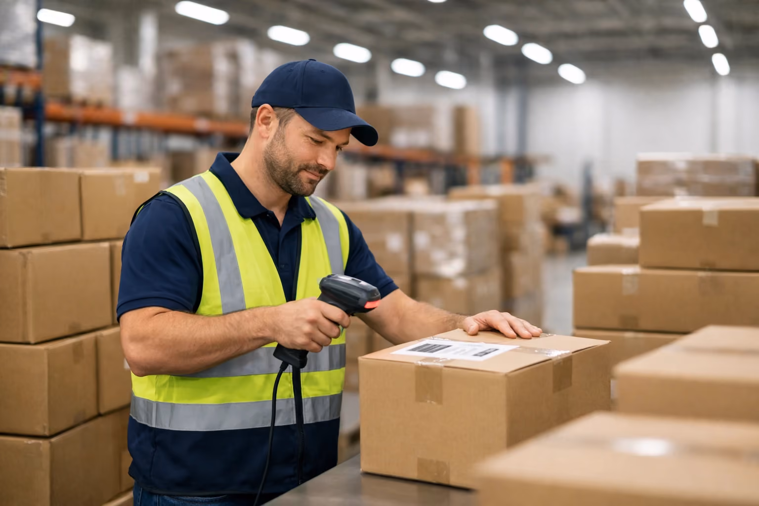 Warehouse worker scanning shipping label on package surrounded by boxes