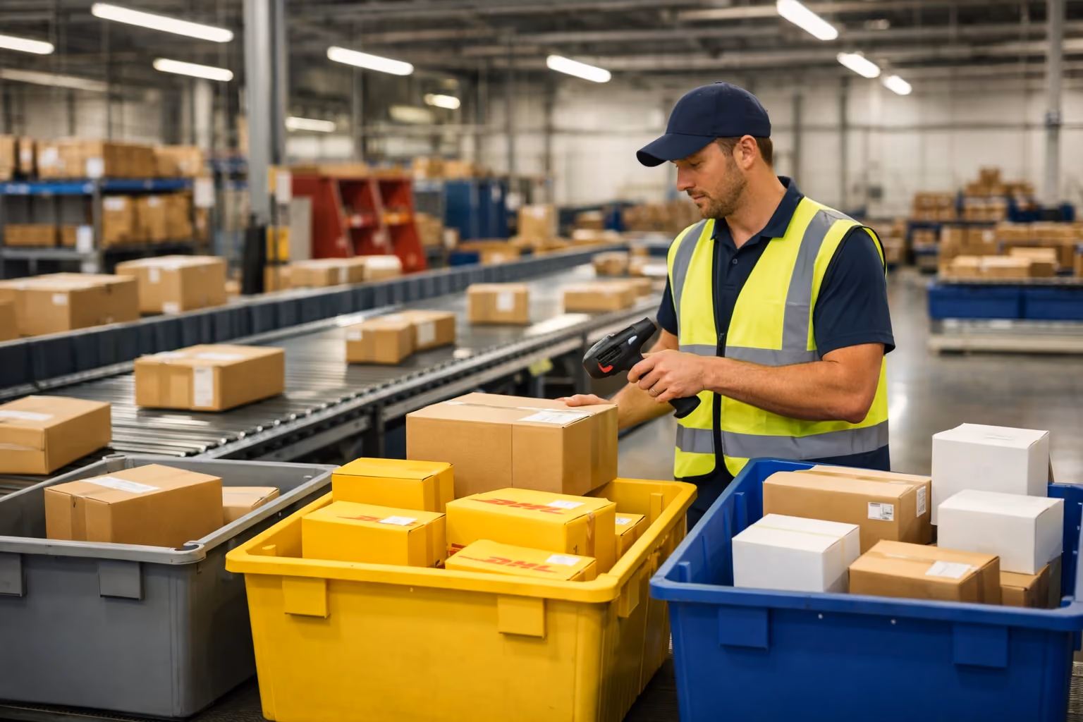 Warehouse worker scanning packages from FedEx, DHL, and USPS in a busy shipping area.